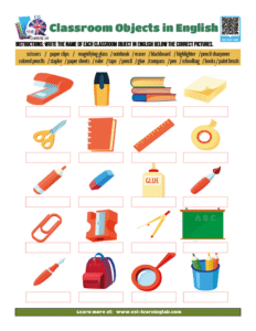 A PDF worksheet with the vocabulary for classroom objects in English