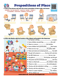 A PDF worksheet with two exercises on prepositions of place in English